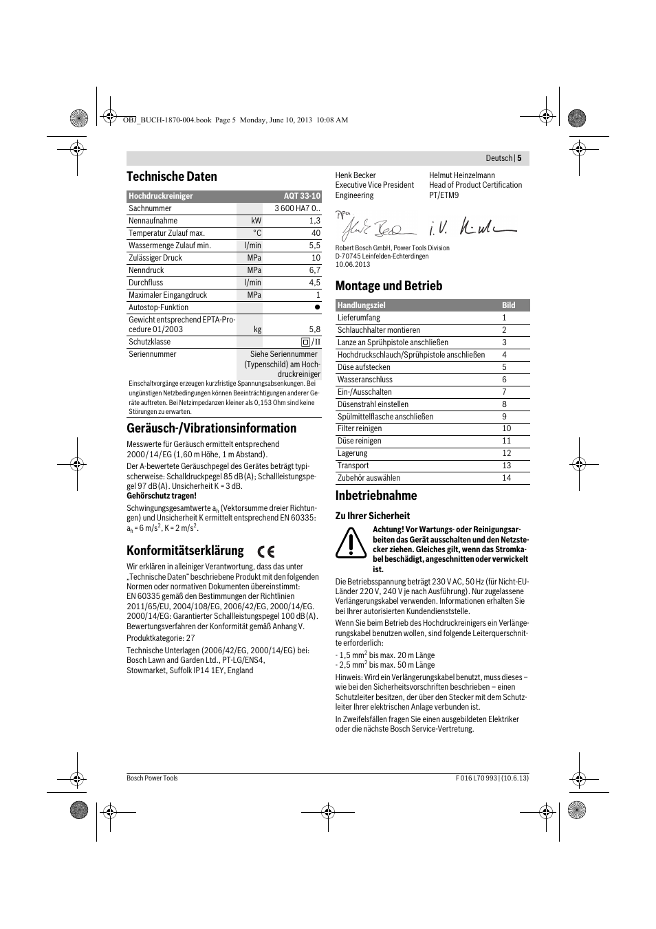 Technische daten geräusch-/vibrationsinformation, Konformitätserklärung, Montage und betrieb inbetriebnahme | Bosch AQT 33-10 User Manual | Page 5 / 190