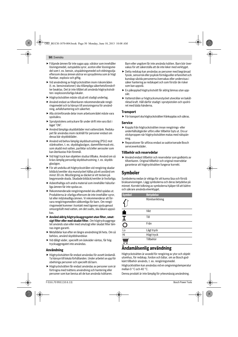 Symboler, Ändamålsenlig användning | Bosch AQT 33-10 User Manual | Page 50 / 190