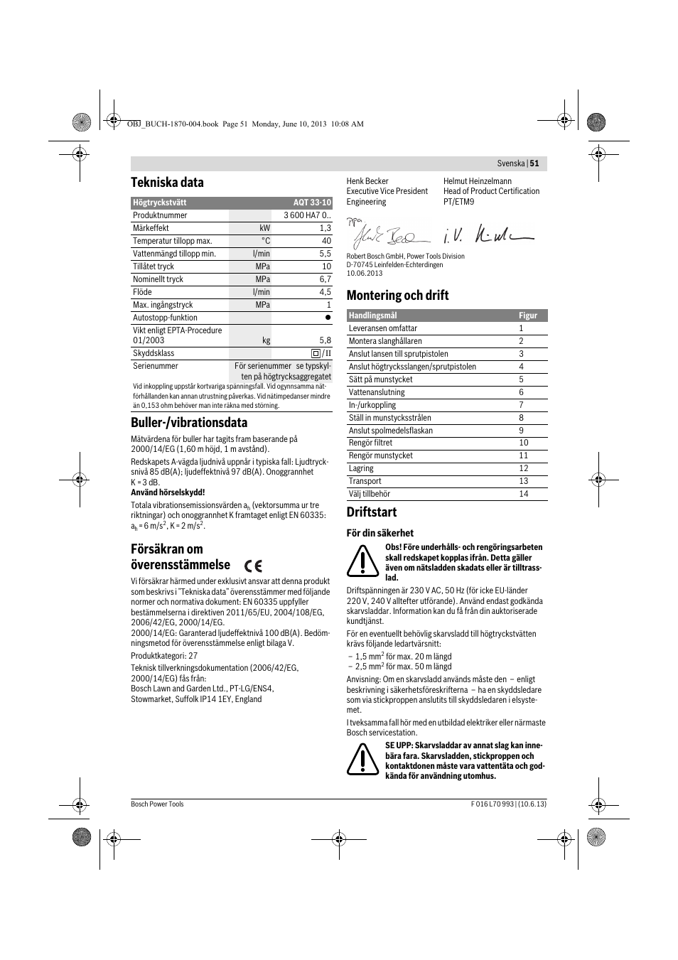 Tekniska data buller-/vibrationsdata, Försäkran om överensstämmelse, Montering och drift driftstart | Bosch AQT 33-10 User Manual | Page 51 / 190