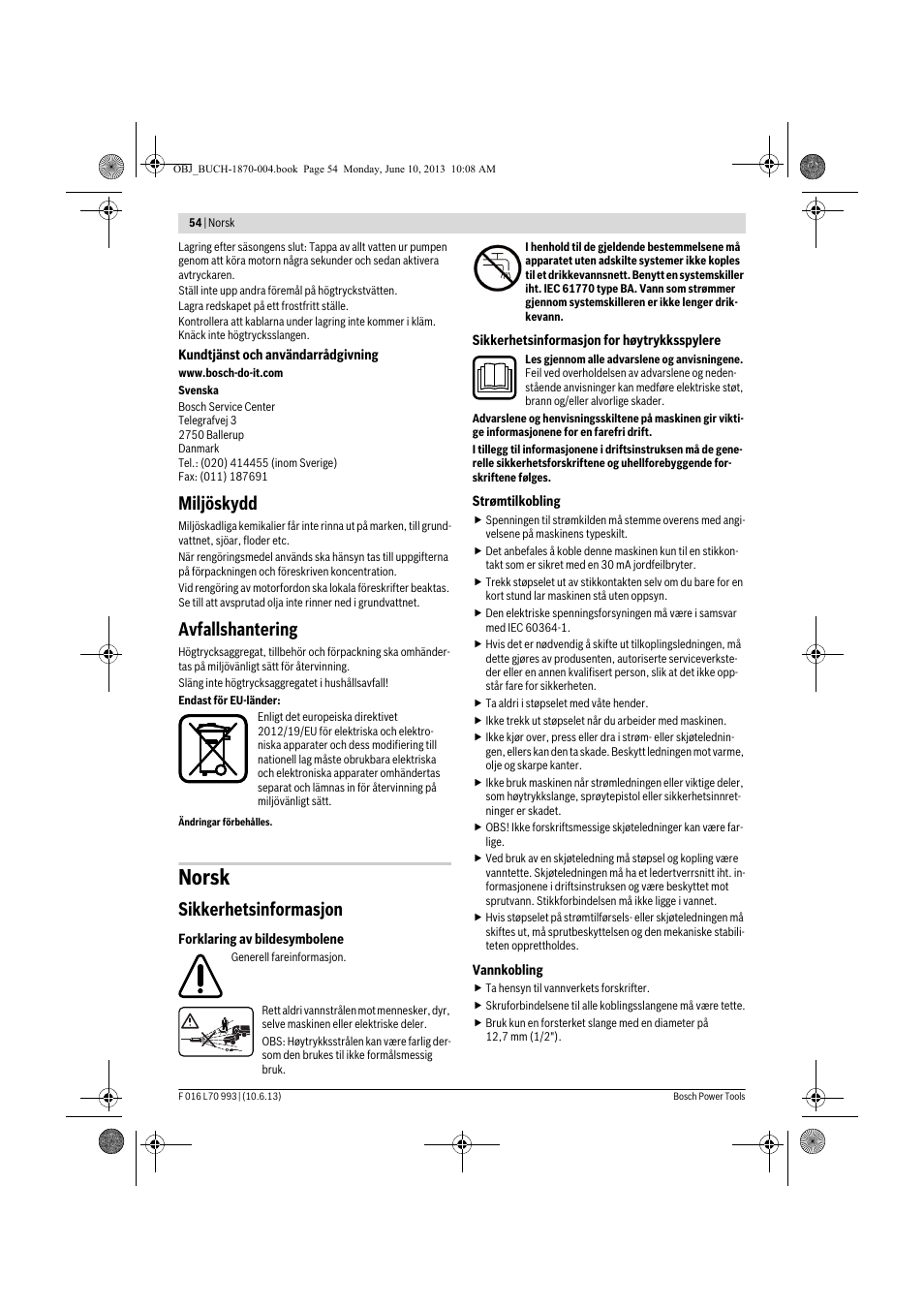 Norsk, Miljöskydd, Avfallshantering | Sikkerhetsinformasjon | Bosch AQT 33-10 User Manual | Page 54 / 190