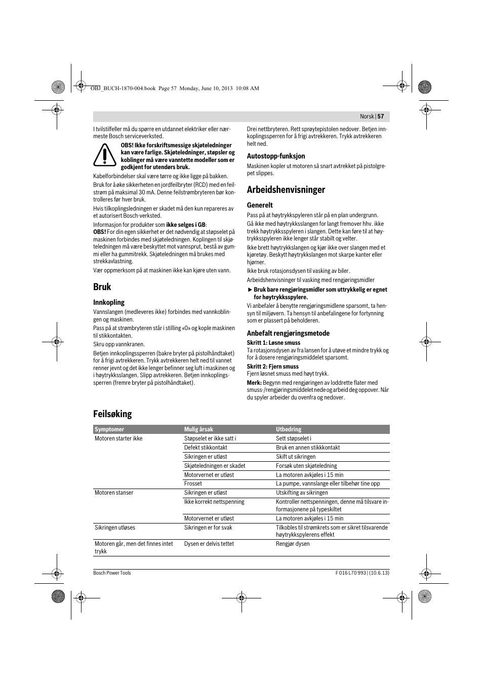 Bruk, Arbeidshenvisninger, Feilsøking | Bosch AQT 33-10 User Manual | Page 57 / 190