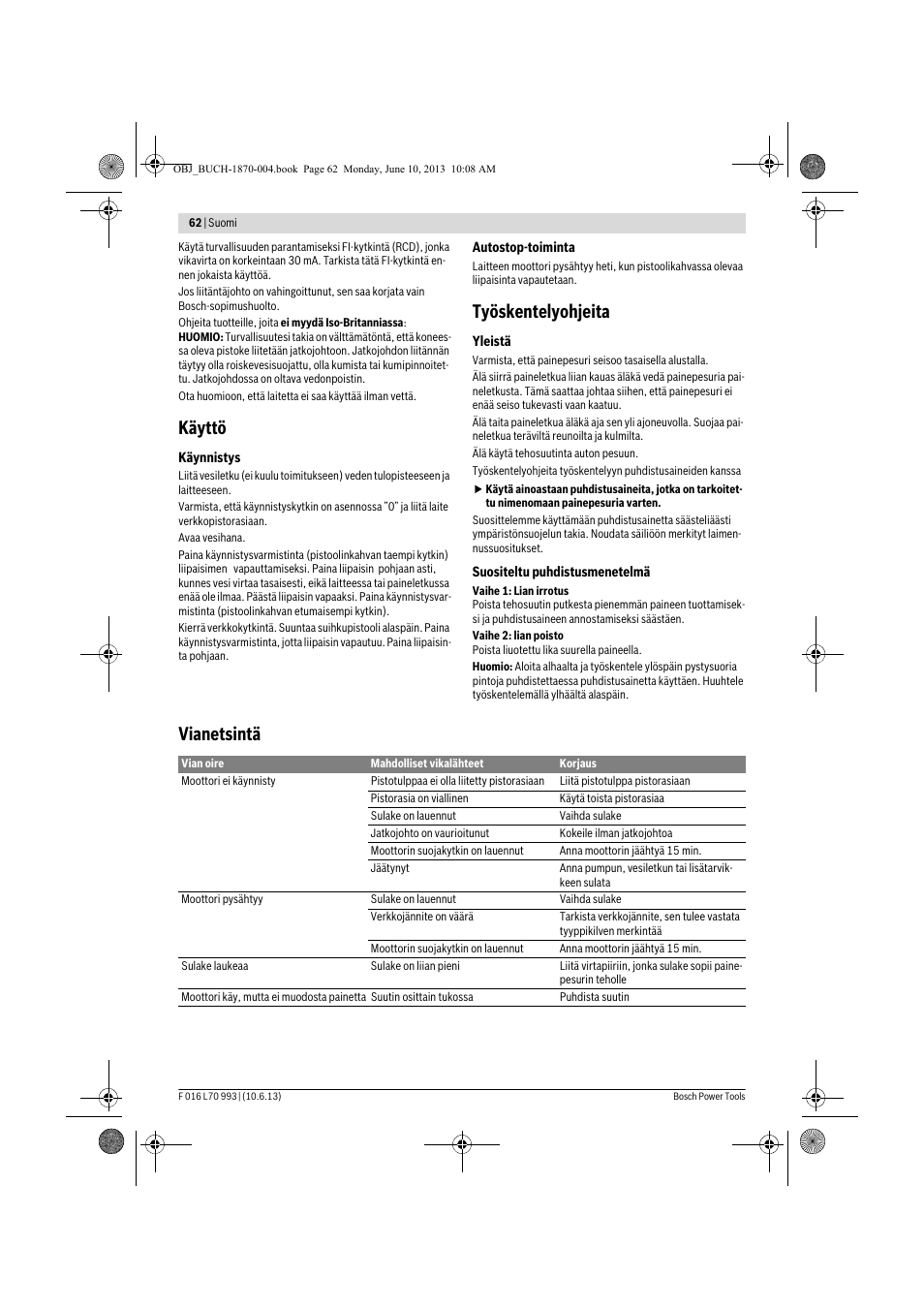 Käyttö, Työskentelyohjeita, Vianetsintä | Bosch AQT 33-10 User Manual | Page 62 / 190