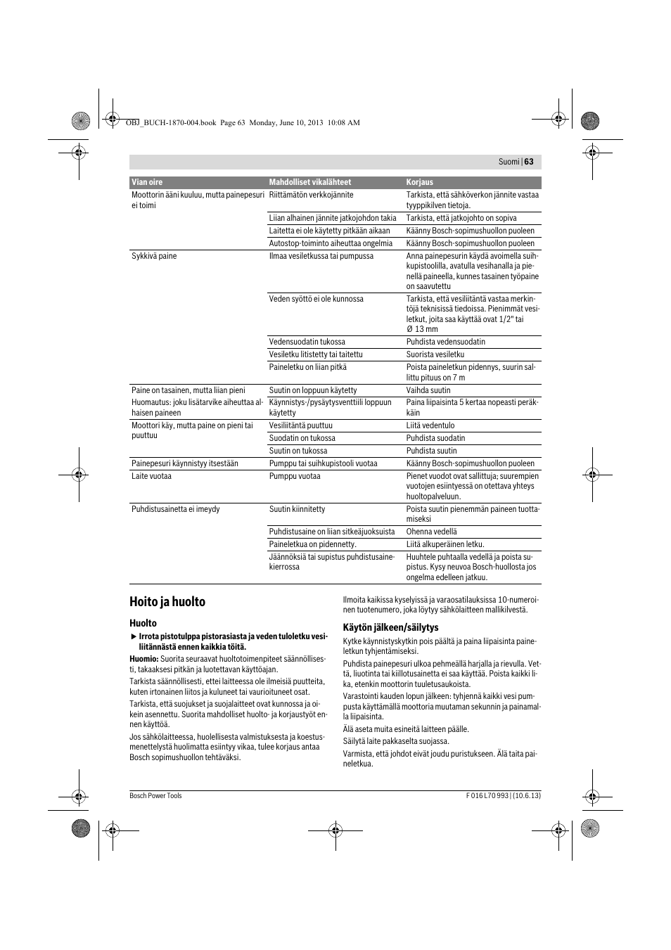 Hoito ja huolto | Bosch AQT 33-10 User Manual | Page 63 / 190