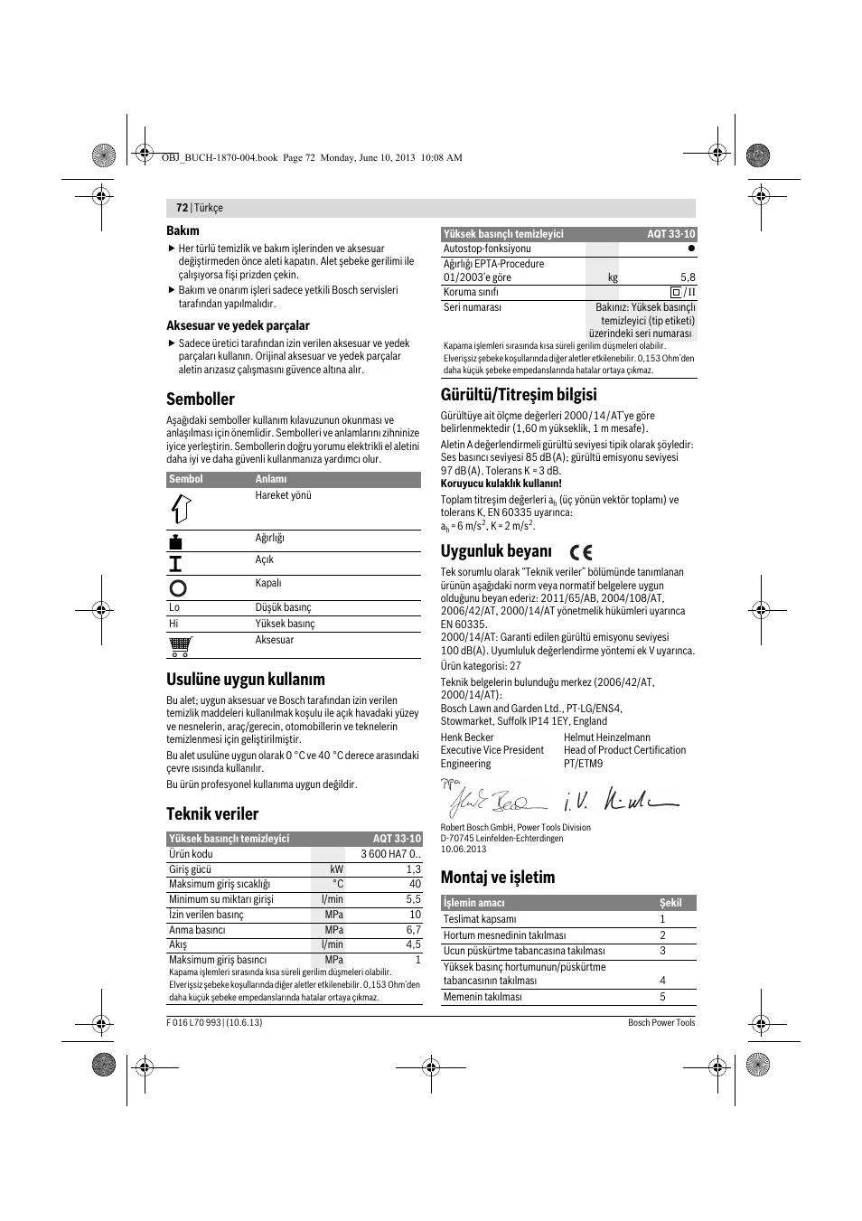 Semboller, Usulüne uygun kullanım, Teknik veriler gürültü/titreşim bilgisi | Uygunluk beyanı, Montaj ve işletim | Bosch AQT 33-10 User Manual | Page 72 / 190