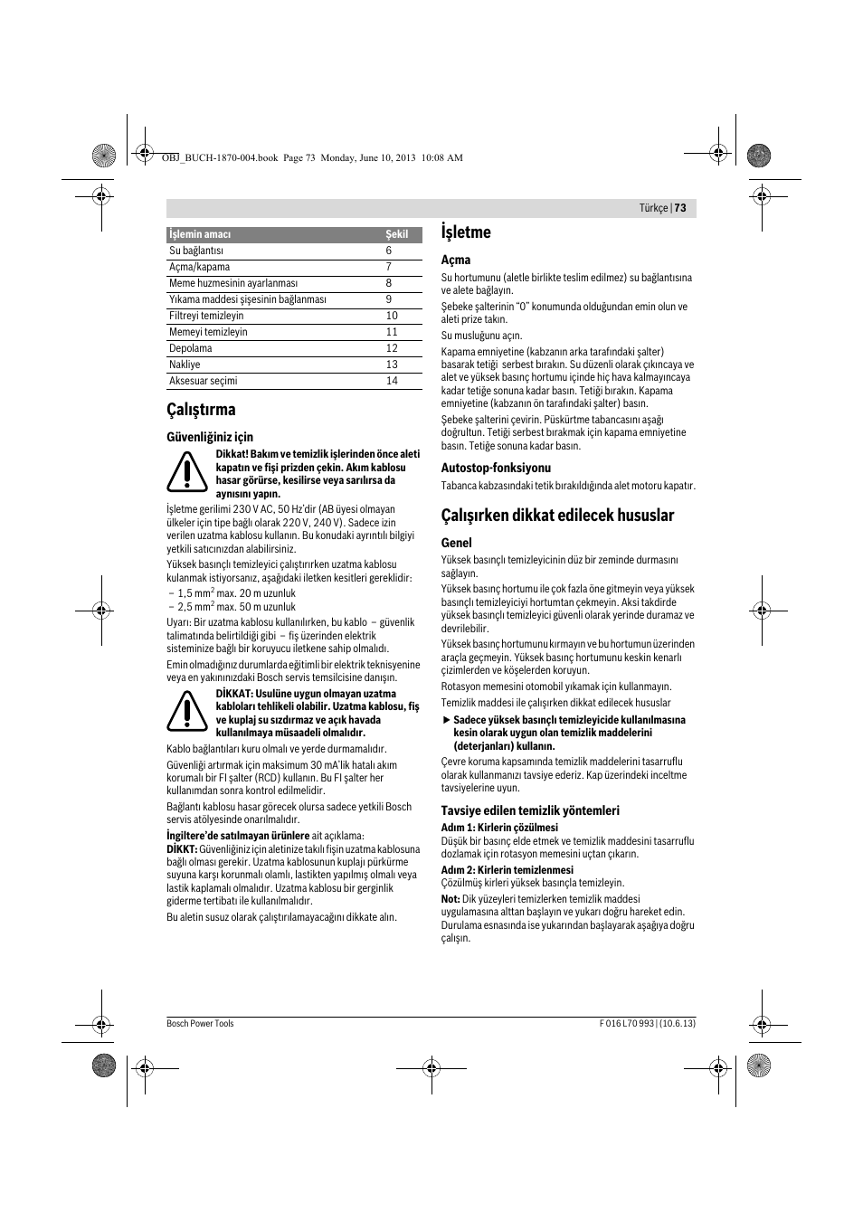 Çalıştırma, Işletme, Çalışırken dikkat edilecek hususlar | Bosch AQT 33-10 User Manual | Page 73 / 190