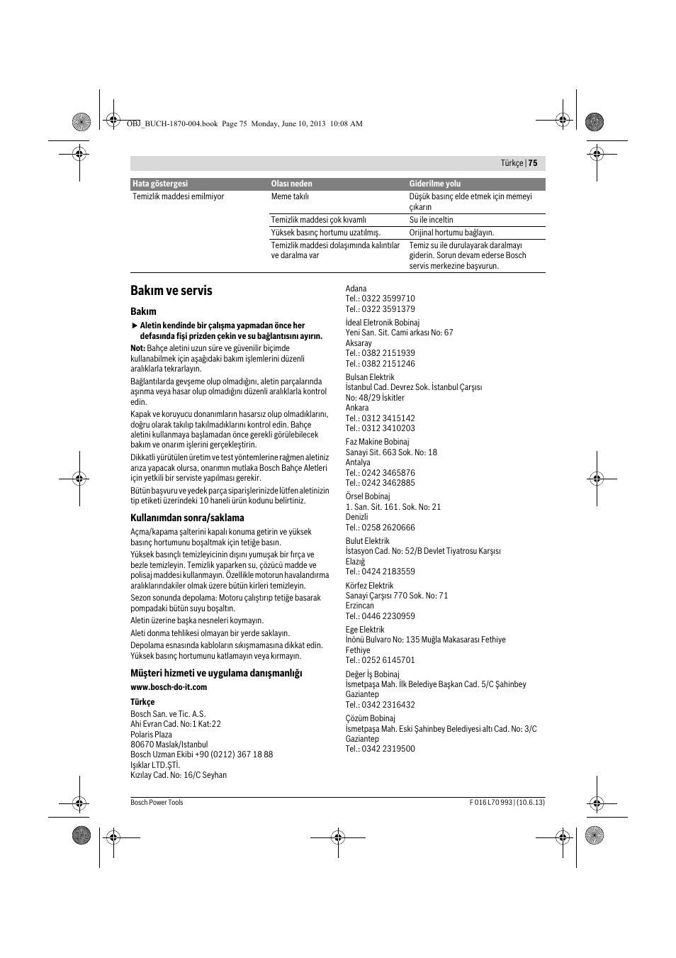 Bakım ve servis | Bosch AQT 33-10 User Manual | Page 75 / 190