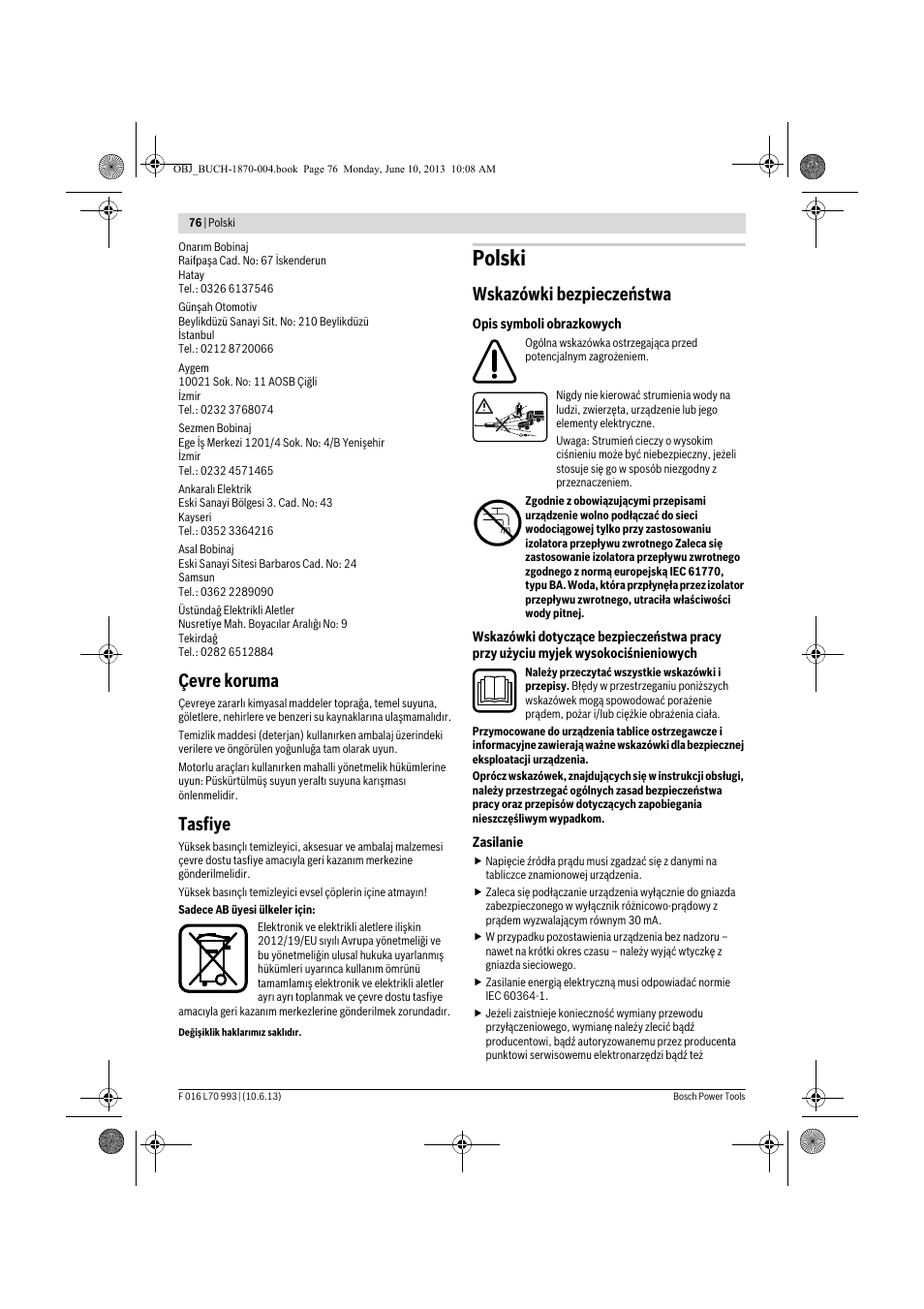 Polski, Çevre koruma, Tasfiye | Wskazówki bezpieczeństwa | Bosch AQT 33-10 User Manual | Page 76 / 190