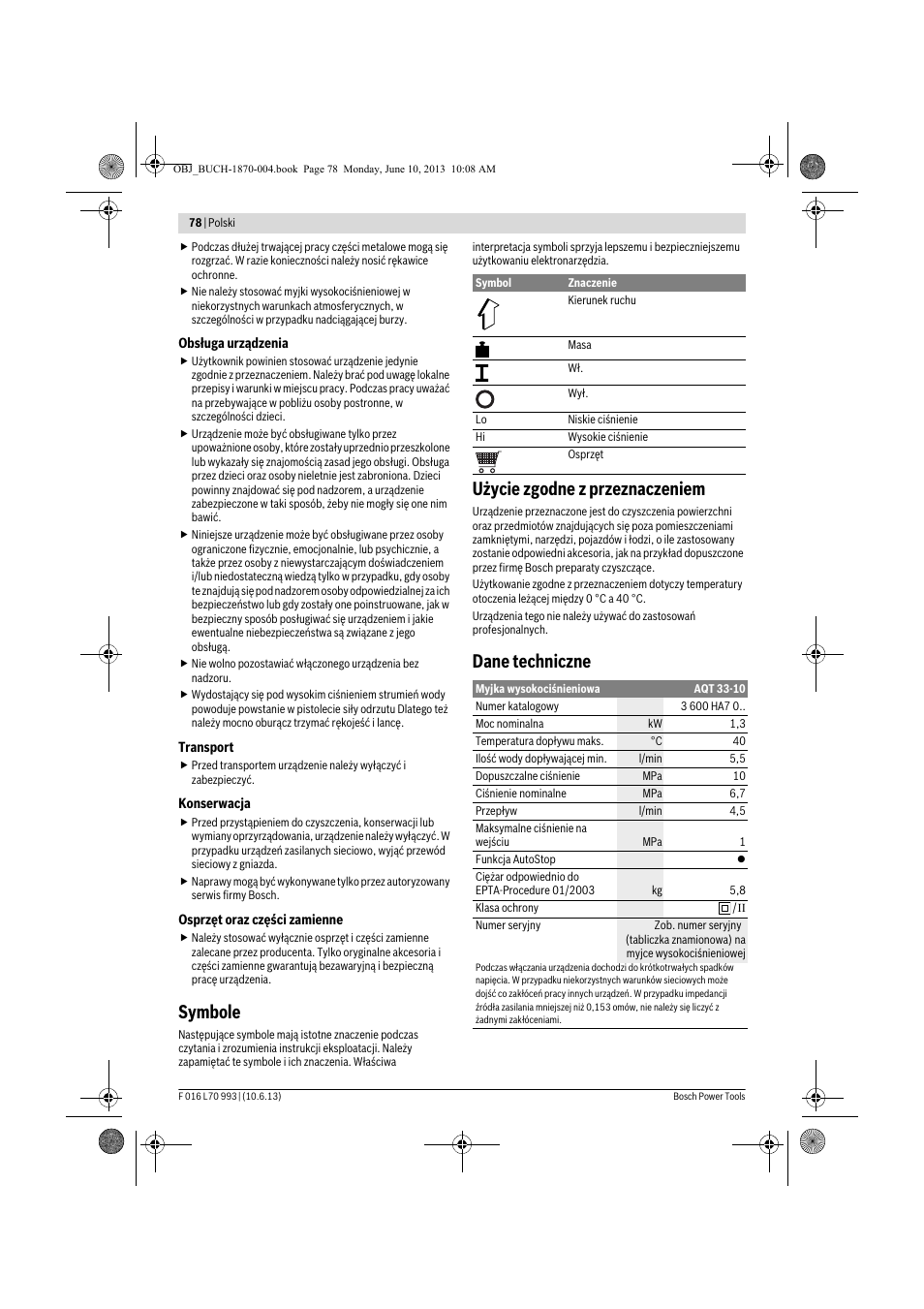 Symbole, Użycie zgodne z przeznaczeniem, Dane techniczne | Bosch AQT 33-10 User Manual | Page 78 / 190