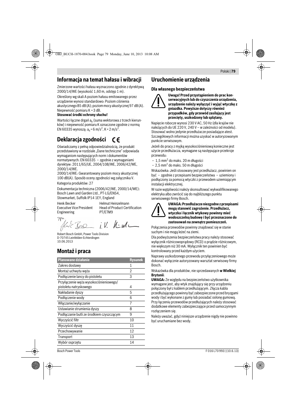 Informacja na temat hałasu i wibracji, Deklaracja zgodności, Montaż i praca uruchomienie urządzenia | Bosch AQT 33-10 User Manual | Page 79 / 190