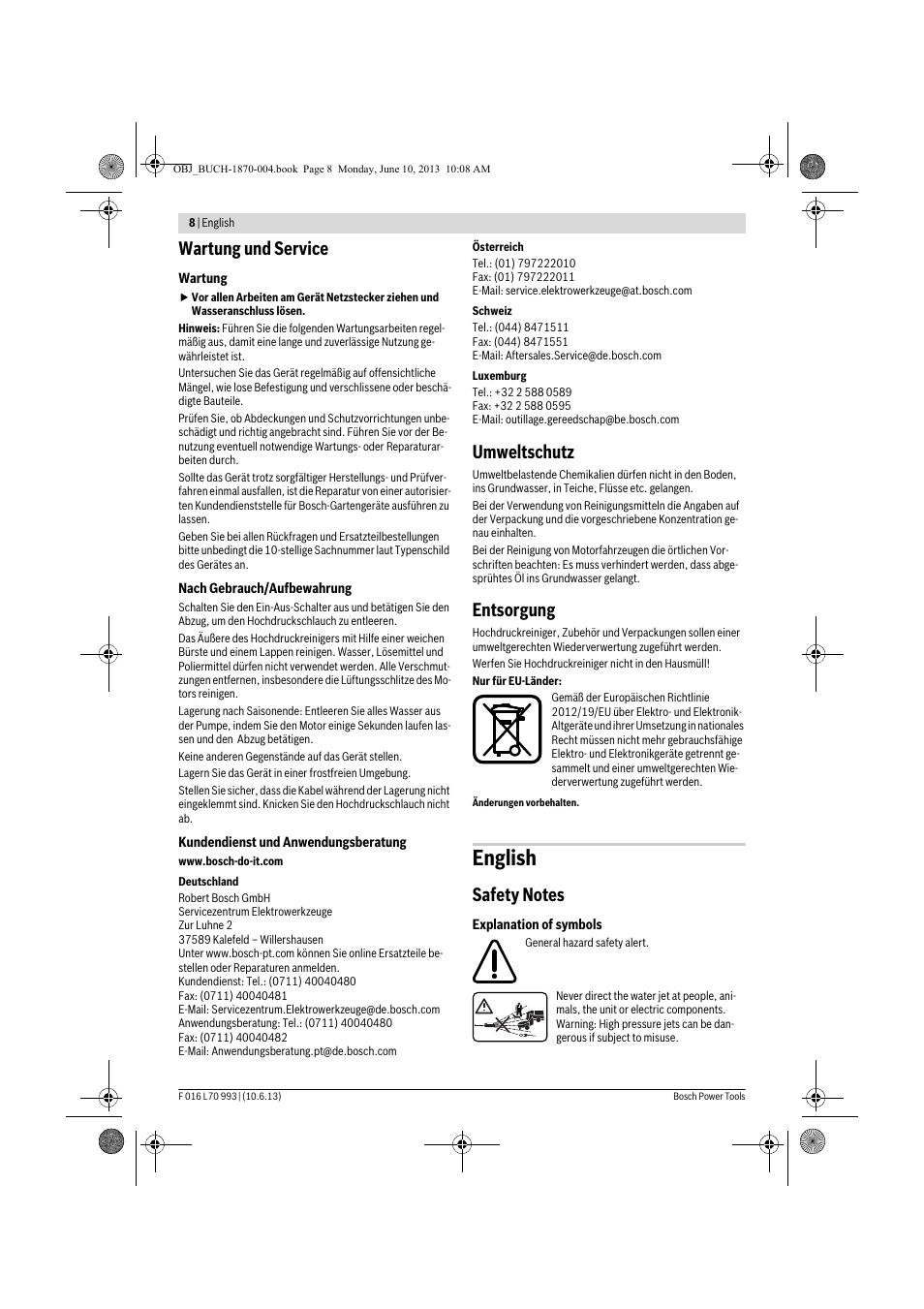 English, Wartung und service, Umweltschutz | Entsorgung | Bosch AQT 33-10 User Manual | Page 8 / 190