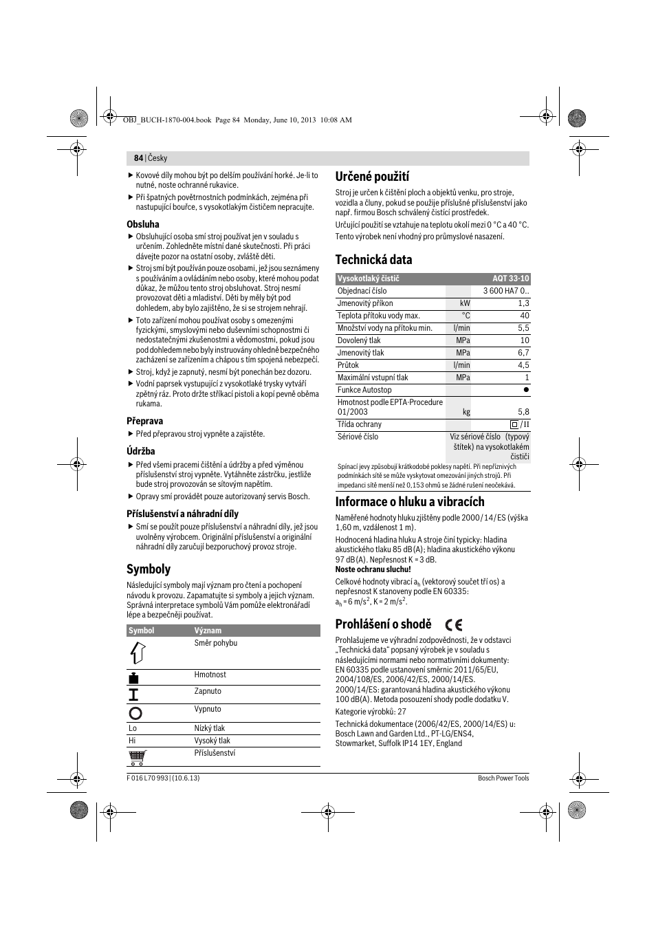 Symboly, Určené použití, Technická data informace o hluku a vibracích | Prohlášení o shodě | Bosch AQT 33-10 User Manual | Page 84 / 190