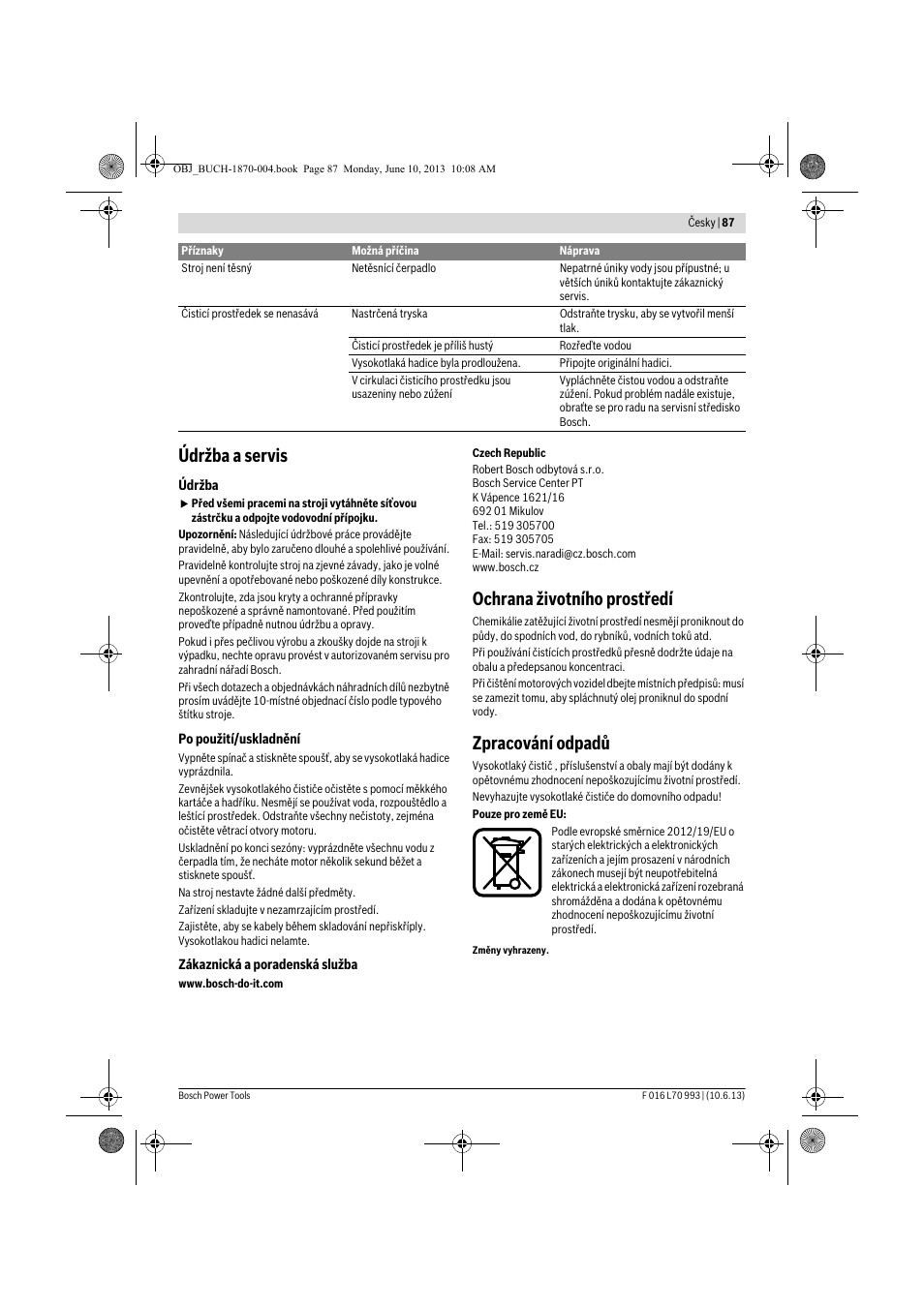 Údržba a servis, Ochrana životního prostředí, Zpracování odpadů | Bosch AQT 33-10 User Manual | Page 87 / 190