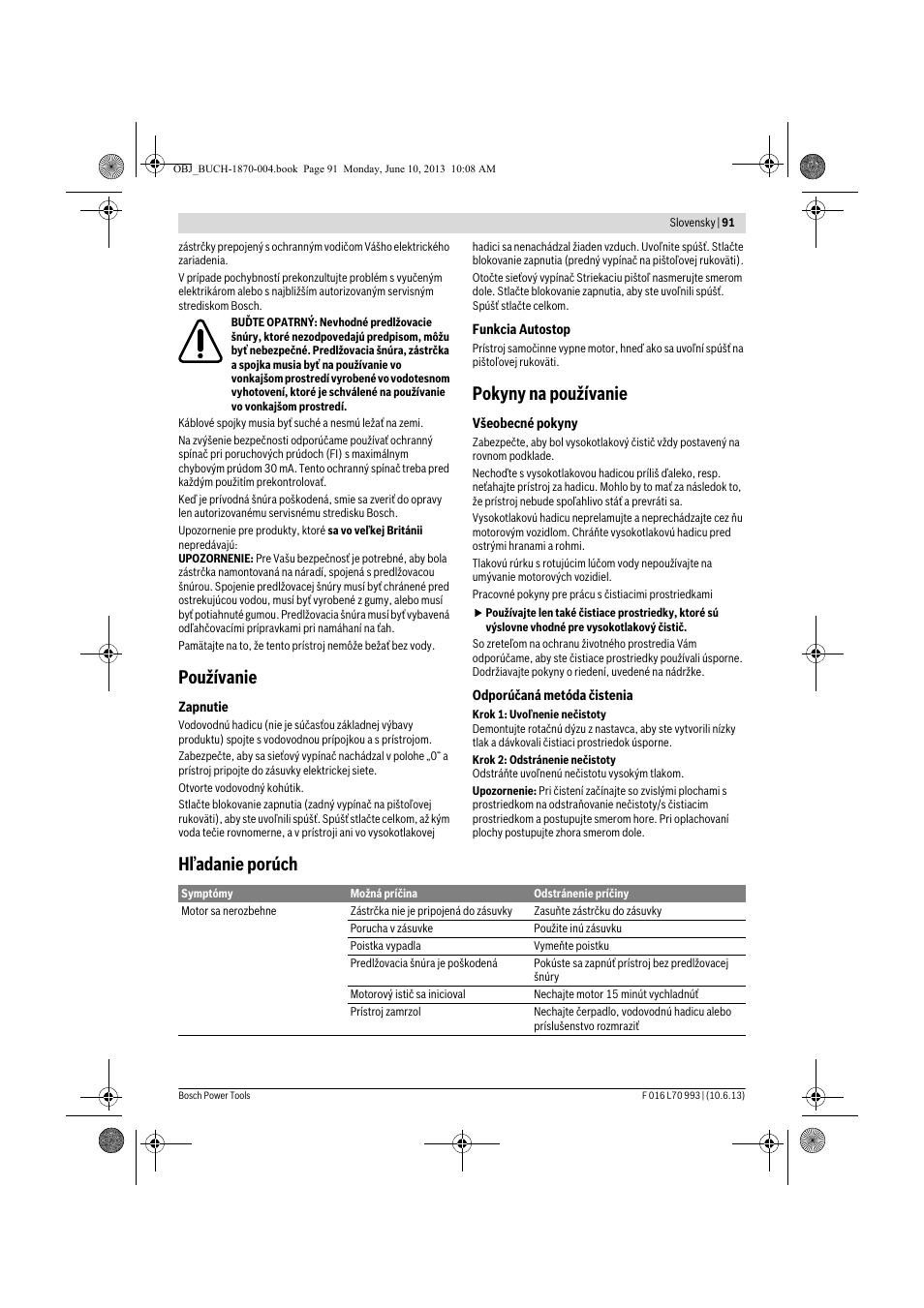 Používanie, Pokyny na používanie, Hľadanie porúch | Bosch AQT 33-10 User Manual | Page 91 / 190