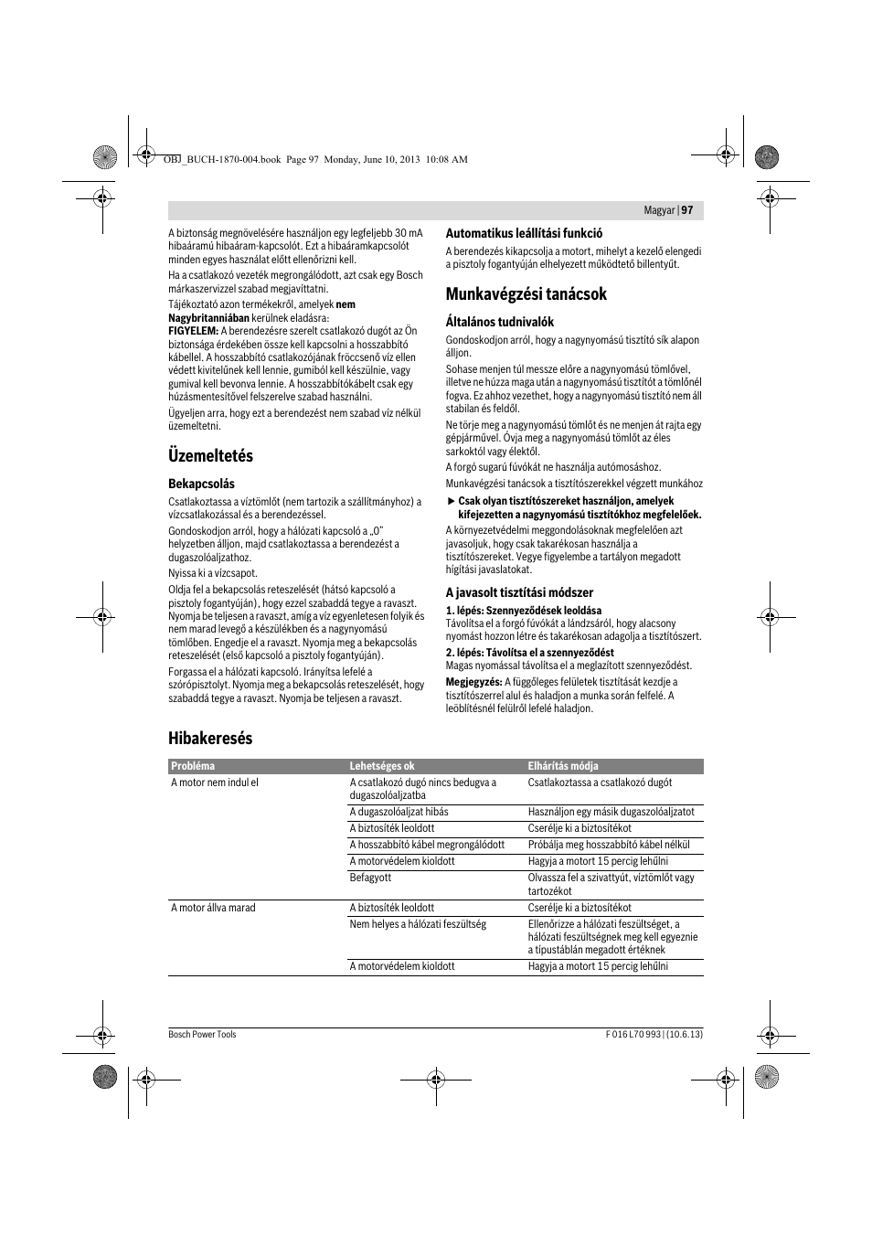 Üzemeltetés, Munkavégzési tanácsok, Hibakeresés | Bosch AQT 33-10 User Manual | Page 97 / 190