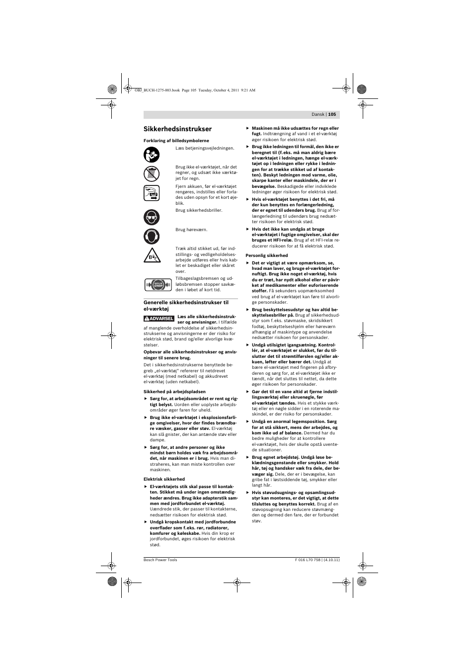 Sikkerhedsinstrukser | Bosch AKE 30 LI User Manual | Page 105 / 375