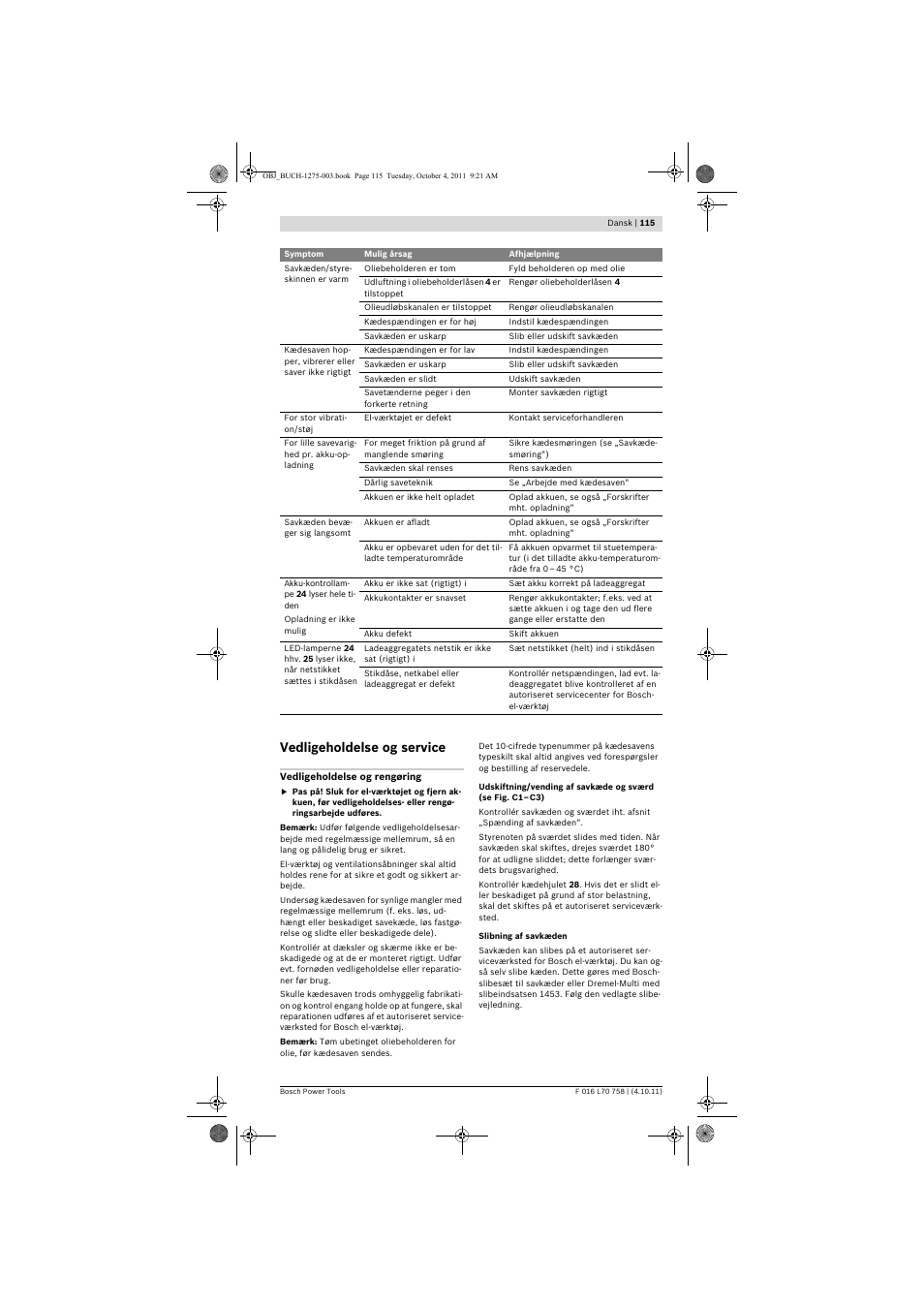 Vedligeholdelse og service | Bosch AKE 30 LI User Manual | Page 115 / 375