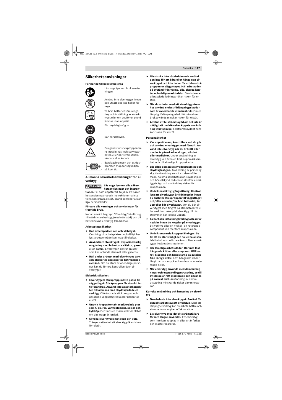 Säkerhetsanvisningar | Bosch AKE 30 LI User Manual | Page 117 / 375