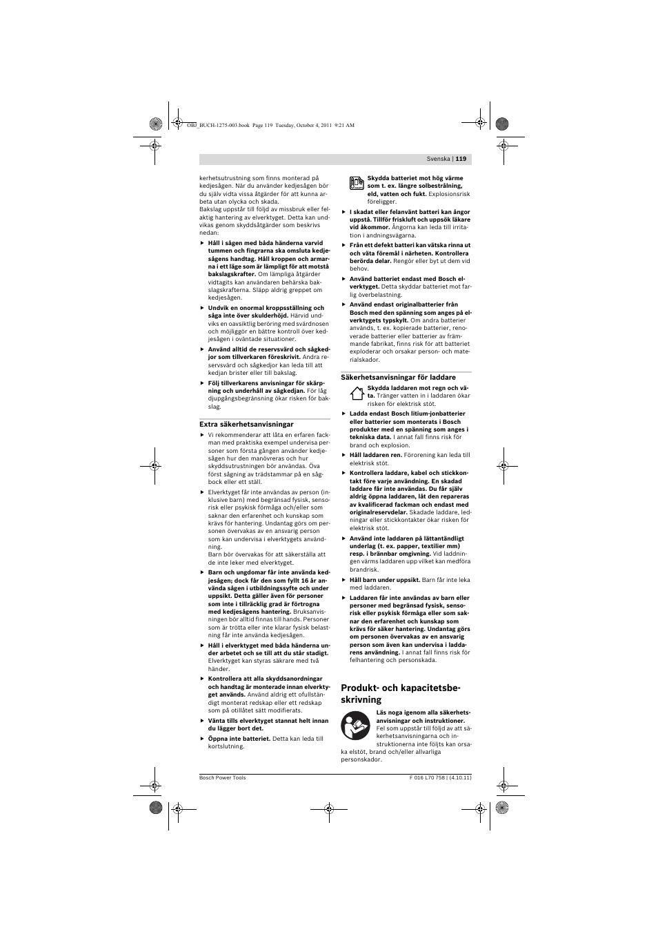 Produkt- och kapacitetsbe- skrivning | Bosch AKE 30 LI User Manual | Page 119 / 375