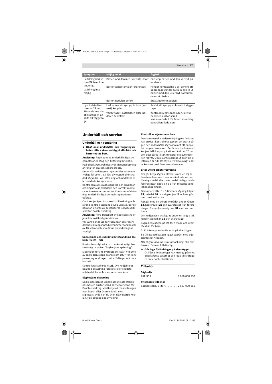 Underhåll och service | Bosch AKE 30 LI User Manual | Page 127 / 375