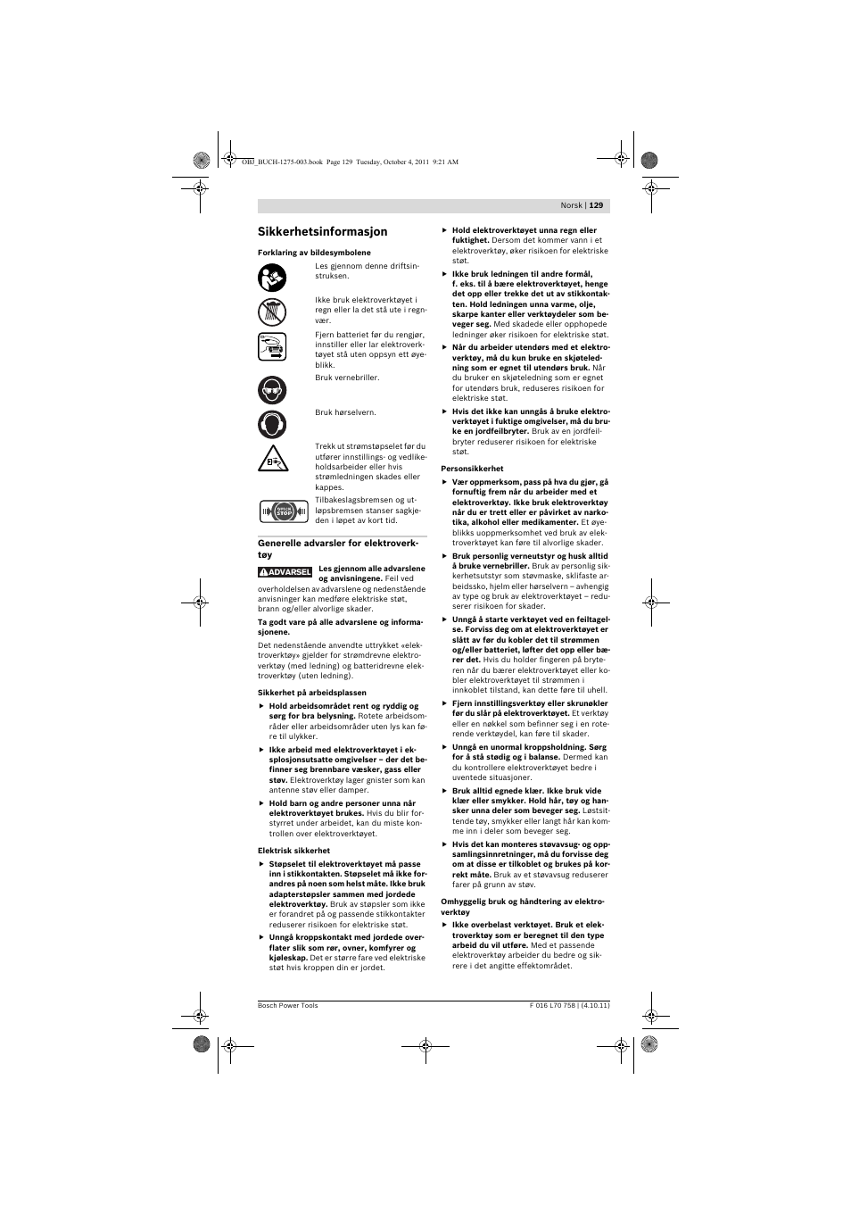 Sikkerhetsinformasjon | Bosch AKE 30 LI User Manual | Page 129 / 375