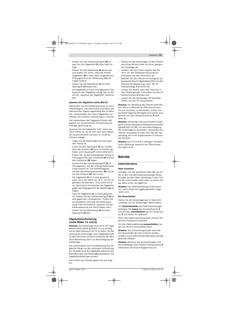 Betrieb | Bosch AKE 30 LI User Manual | Page 13 / 375