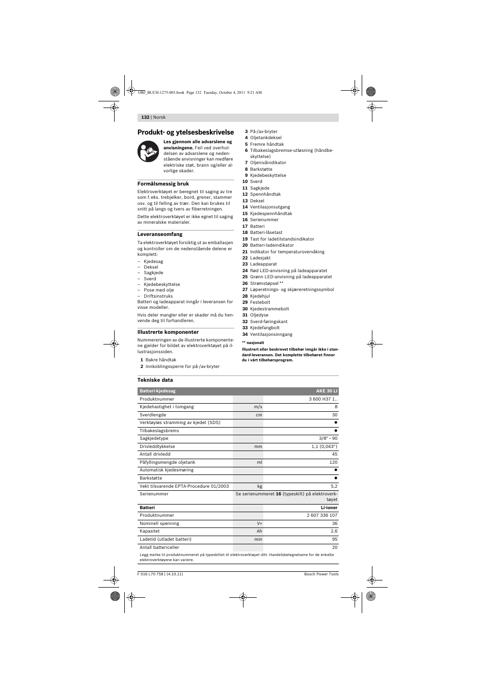 Produkt- og ytelsesbeskrivelse | Bosch AKE 30 LI User Manual | Page 132 / 375