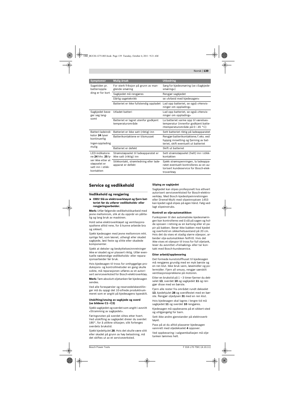 Service og vedlikehold | Bosch AKE 30 LI User Manual | Page 139 / 375