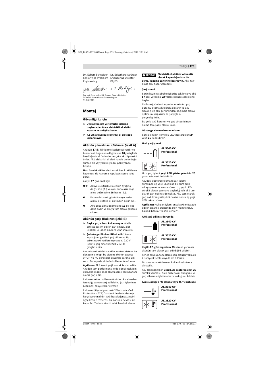 Montaj | Bosch AKE 30 LI User Manual | Page 173 / 375