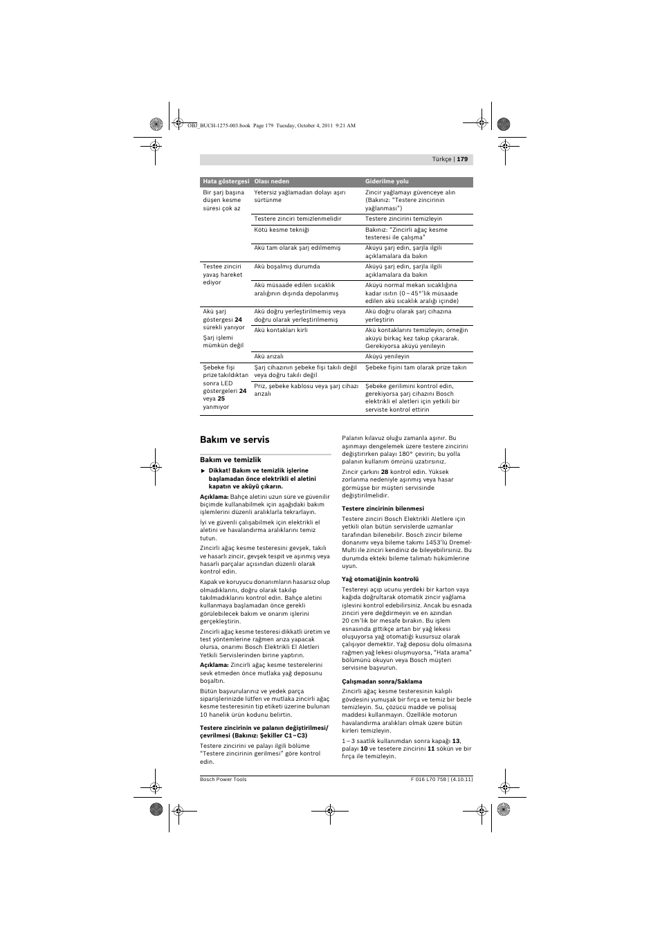 Bak m ve servis | Bosch AKE 30 LI User Manual | Page 179 / 375