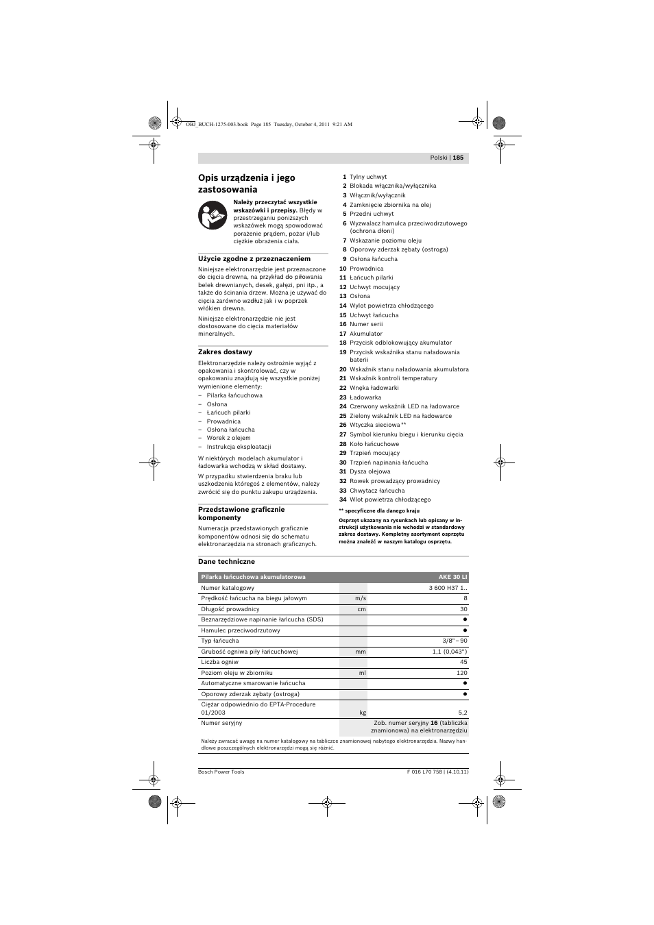 Opis urządzenia i jego zastosowania | Bosch AKE 30 LI User Manual | Page 185 / 375