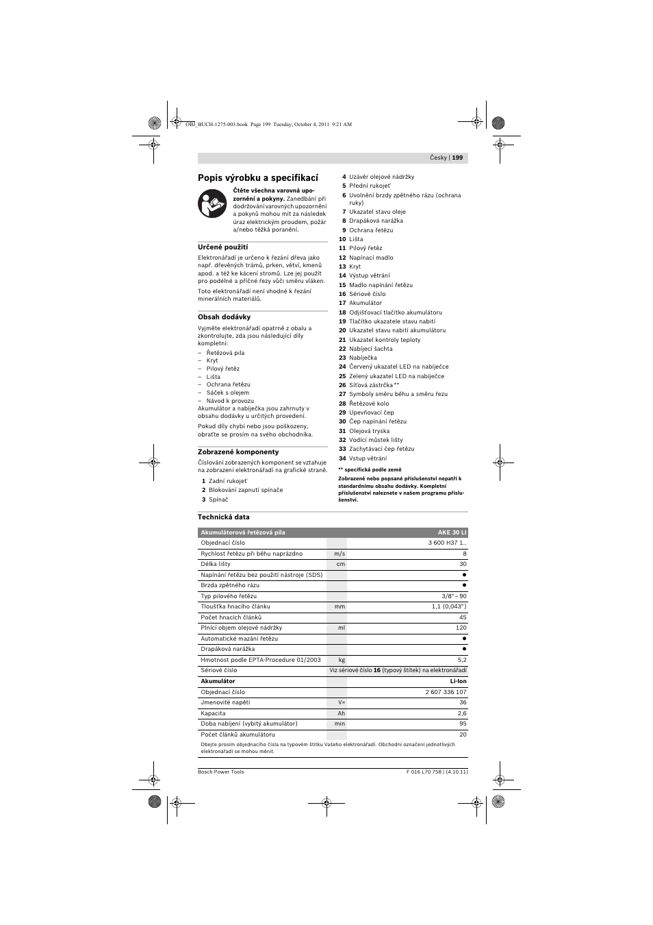 Popis výrobku a specifikací | Bosch AKE 30 LI User Manual | Page 199 / 375