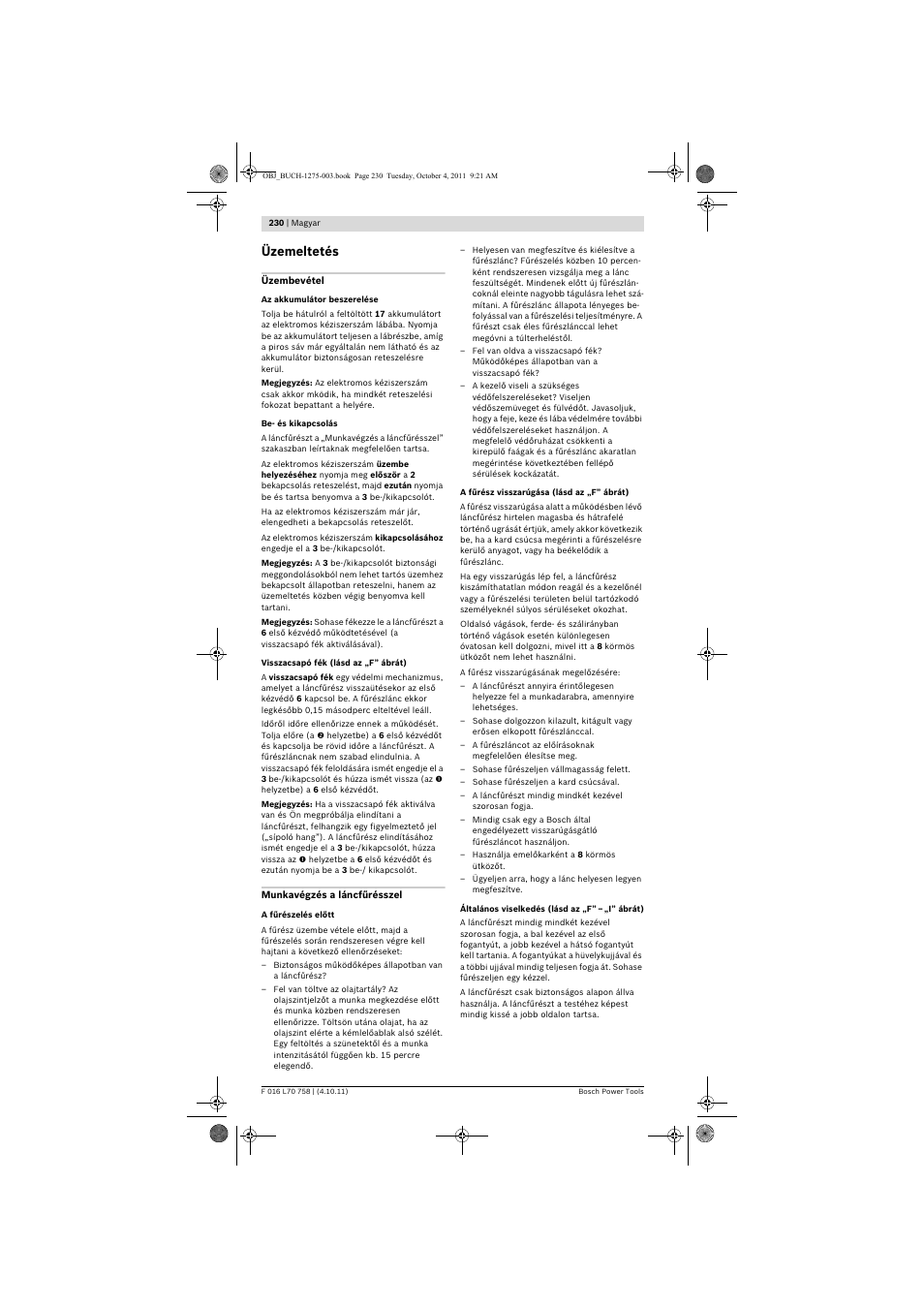 Üzemeltetés | Bosch AKE 30 LI User Manual | Page 230 / 375