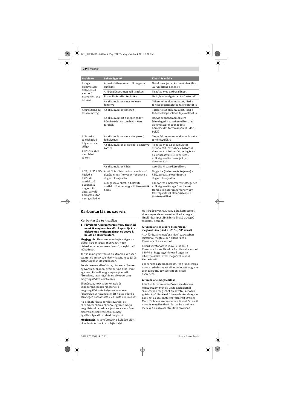 Karbantartás és szerviz | Bosch AKE 30 LI User Manual | Page 234 / 375