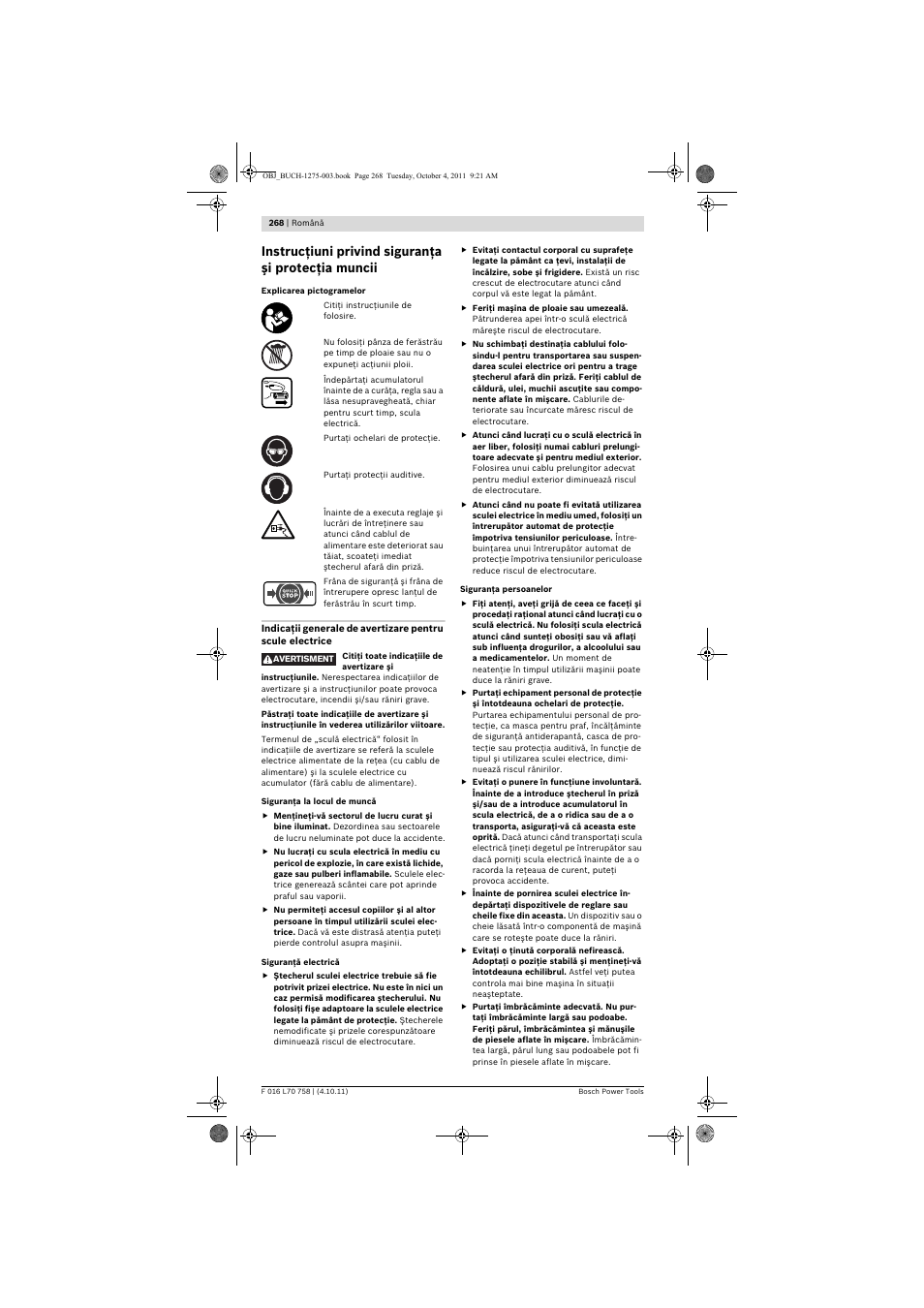 Instrucţiuni privind siguranţa şi protecţia muncii | Bosch AKE 30 LI User Manual | Page 268 / 375