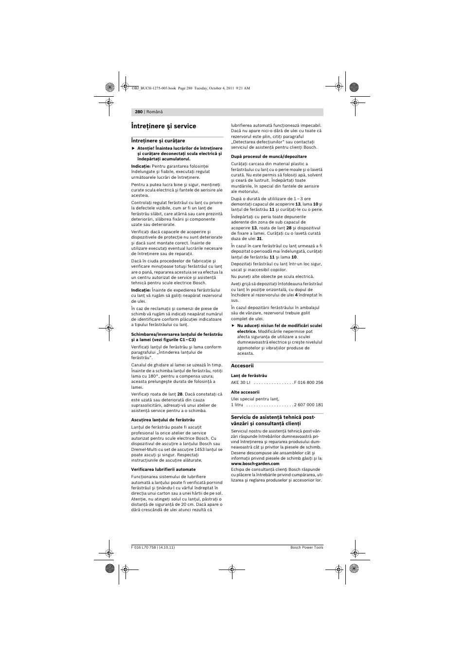 Întreţinere şi service | Bosch AKE 30 LI User Manual | Page 280 / 375