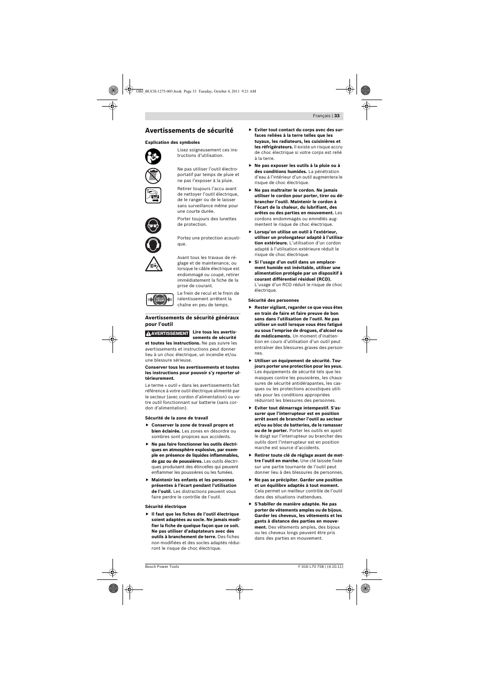 Avertissements de sécurité | Bosch AKE 30 LI User Manual | Page 33 / 375