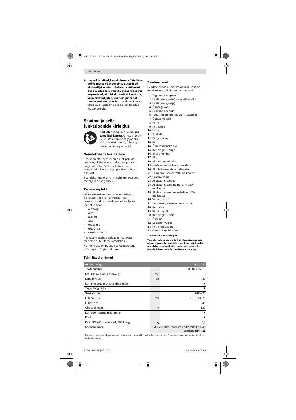 Seadme ja selle funktsioonide kirjeldus | Bosch AKE 30 LI User Manual | Page 340 / 375