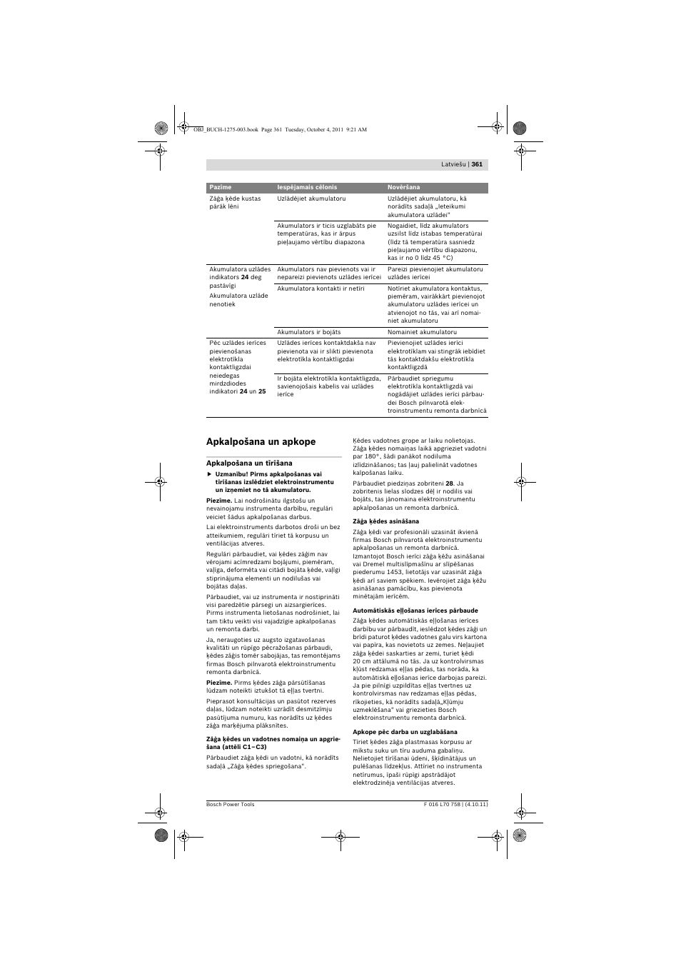 Apkalpošana un apkope | Bosch AKE 30 LI User Manual | Page 361 / 375