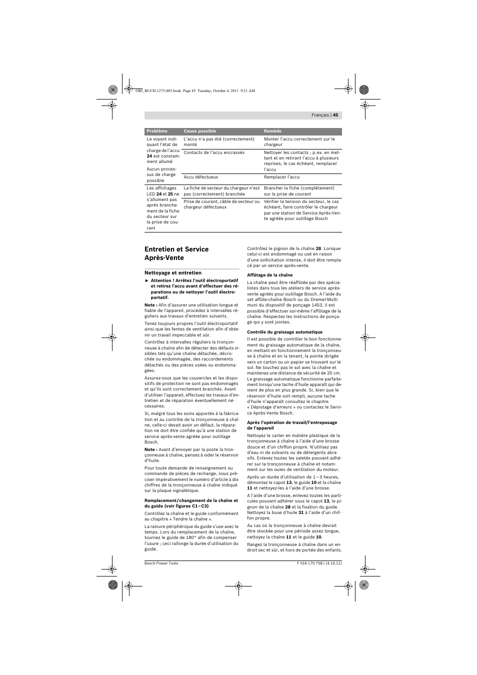 Entretien et service après-vente | Bosch AKE 30 LI User Manual | Page 45 / 375