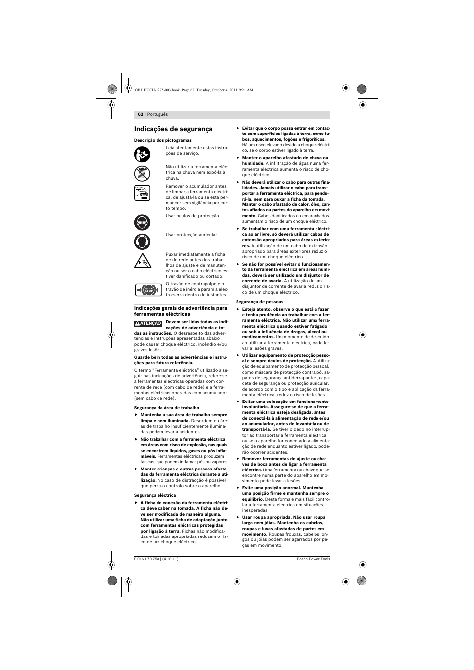 Indicações de segurança | Bosch AKE 30 LI User Manual | Page 62 / 375