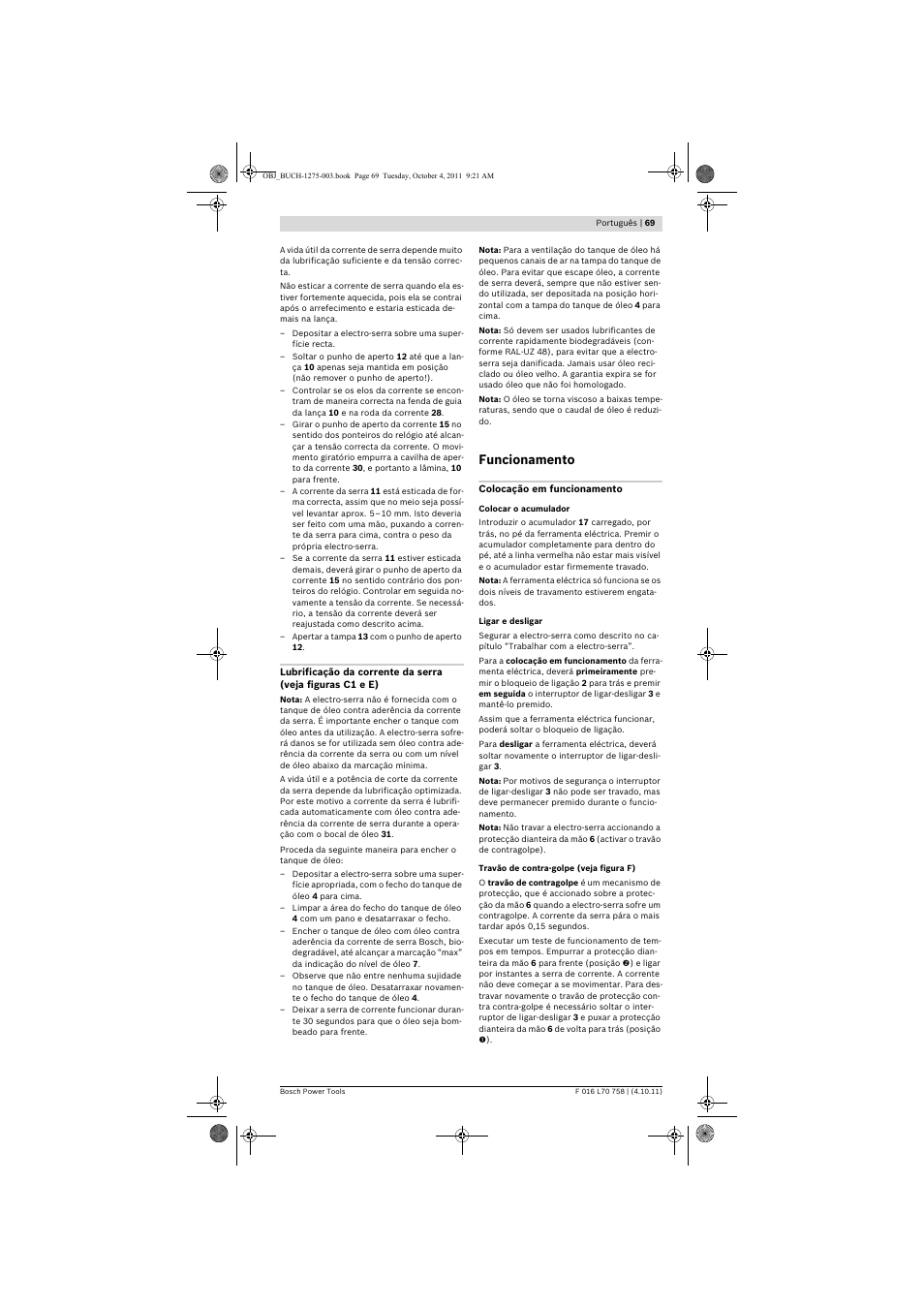 Funcionamento | Bosch AKE 30 LI User Manual | Page 69 / 375