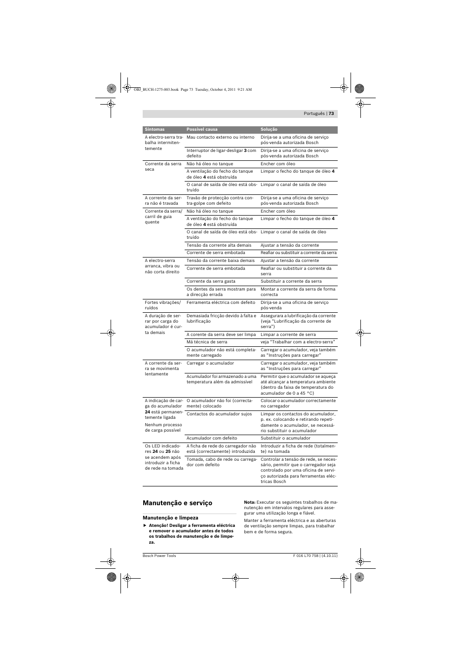 Manutenção e serviço | Bosch AKE 30 LI User Manual | Page 73 / 375