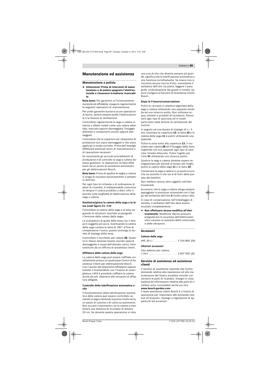 Manutenzione ed assistenza | Bosch AKE 30 LI User Manual | Page 89 / 375