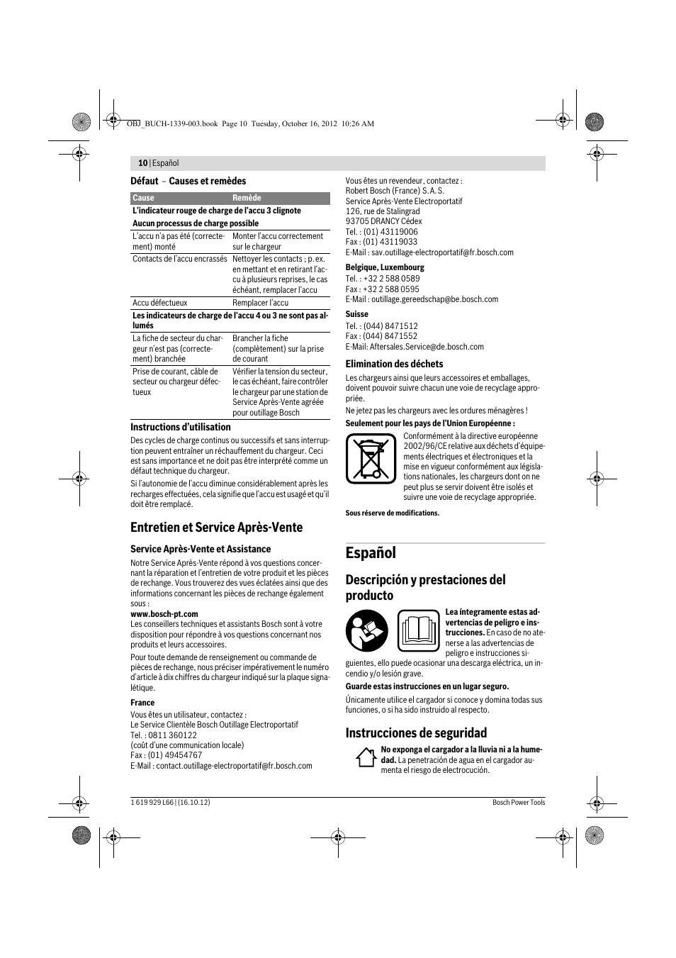 Español, Entretien et service après-vente, Descripción y prestaciones del producto | Instrucciones de seguridad | Bosch AL 1130 CV User Manual | Page 10 / 65