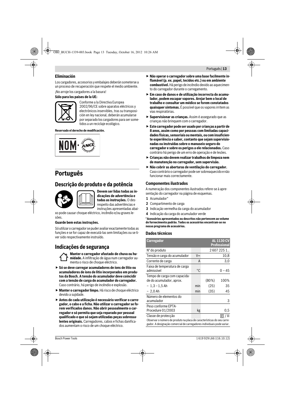 Português, Descrição do produto e da potência, Indicações de segurança | Bosch AL 1130 CV User Manual | Page 13 / 65