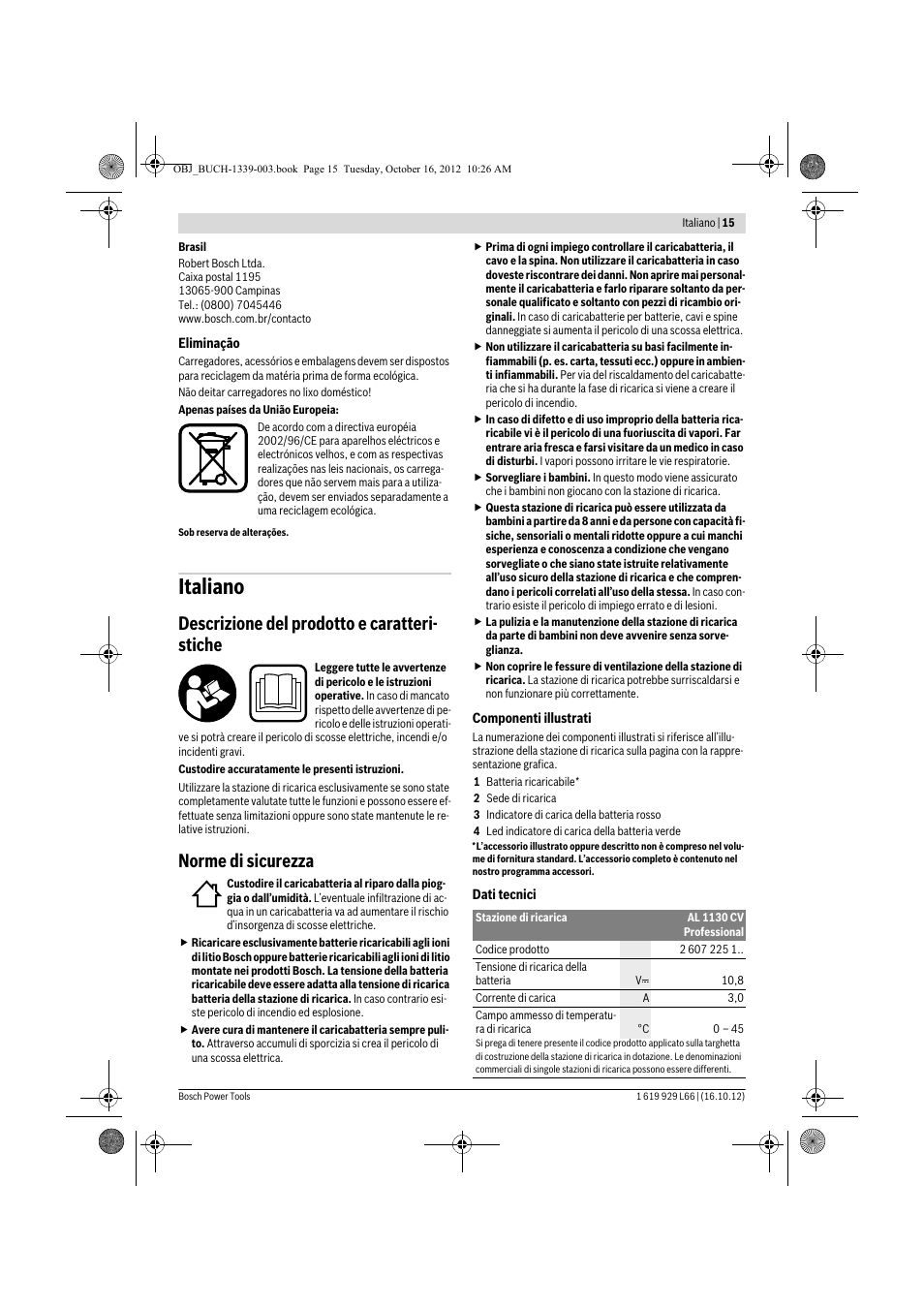 Italiano, Descrizione del prodotto e caratteri- stiche, Norme di sicurezza | Bosch AL 1130 CV User Manual | Page 15 / 65