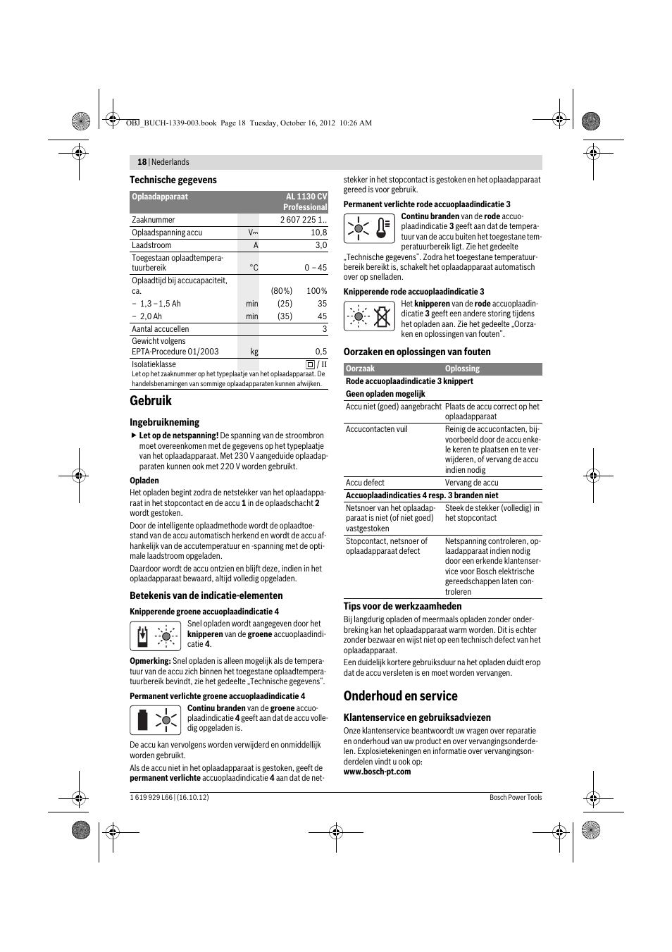 Gebruik, Onderhoud en service | Bosch AL 1130 CV User Manual | Page 18 / 65