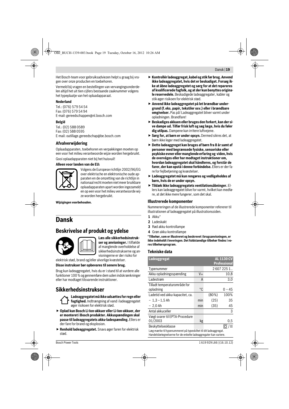 Dansk, Beskrivelse af produkt og ydelse, Sikkerhedsinstrukser | Bosch AL 1130 CV User Manual | Page 19 / 65