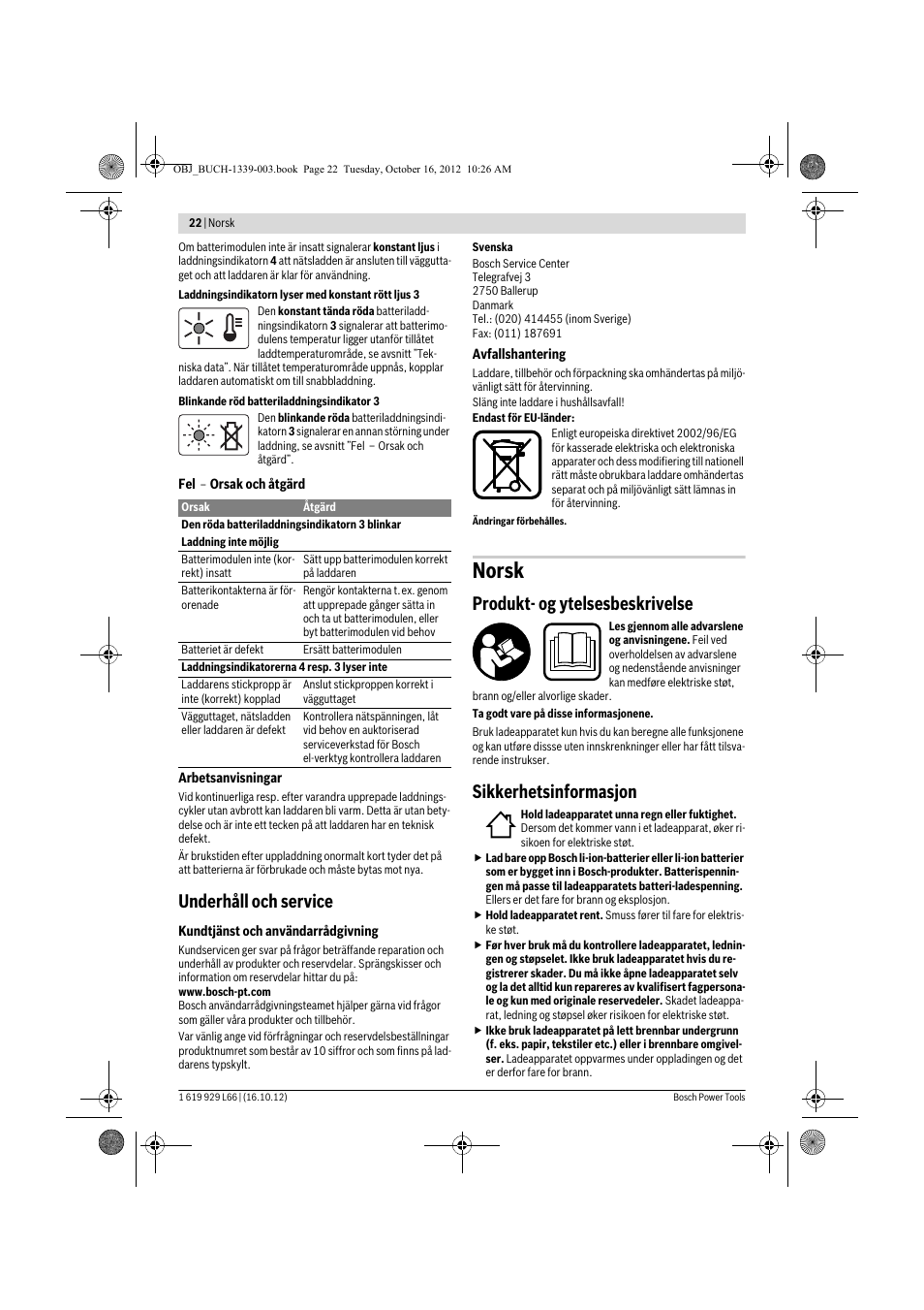 Norsk, Underhåll och service, Produkt- og ytelsesbeskrivelse | Sikkerhetsinformasjon | Bosch AL 1130 CV User Manual | Page 22 / 65