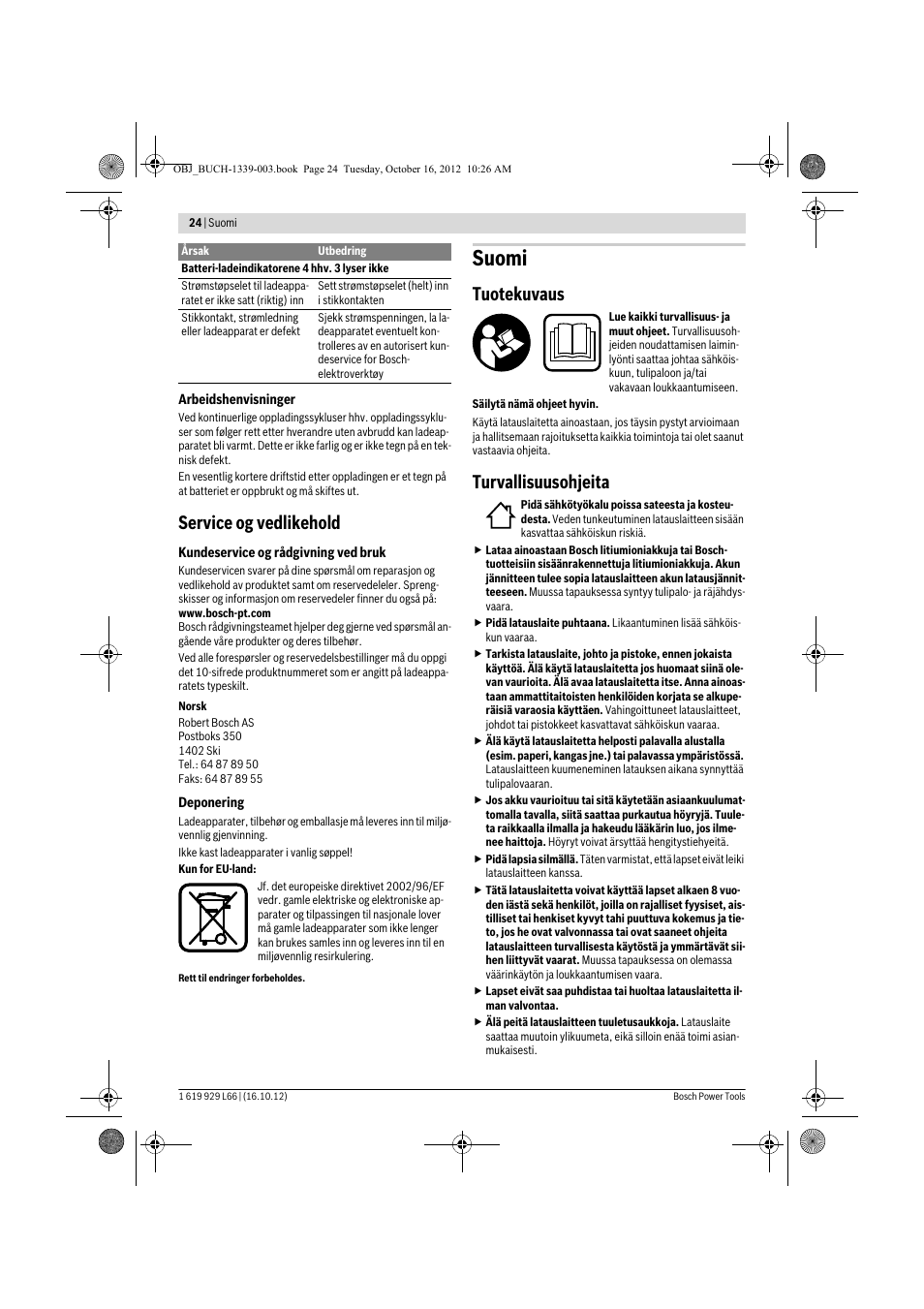 Suomi, Service og vedlikehold, Tuotekuvaus | Turvallisuusohjeita | Bosch AL 1130 CV User Manual | Page 24 / 65